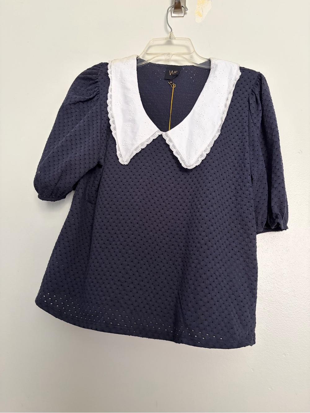 2 New, anthropologie  brandW5 topsNavy Eyelet Blouse with White Scalloped Collar